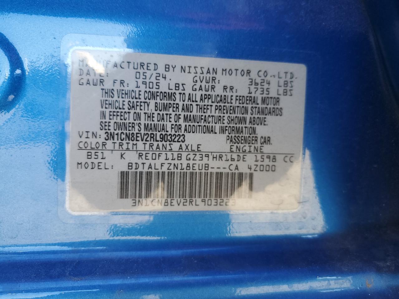 2024 NISSAN VERSA SV VIN:3N1CN8EV2RL903223