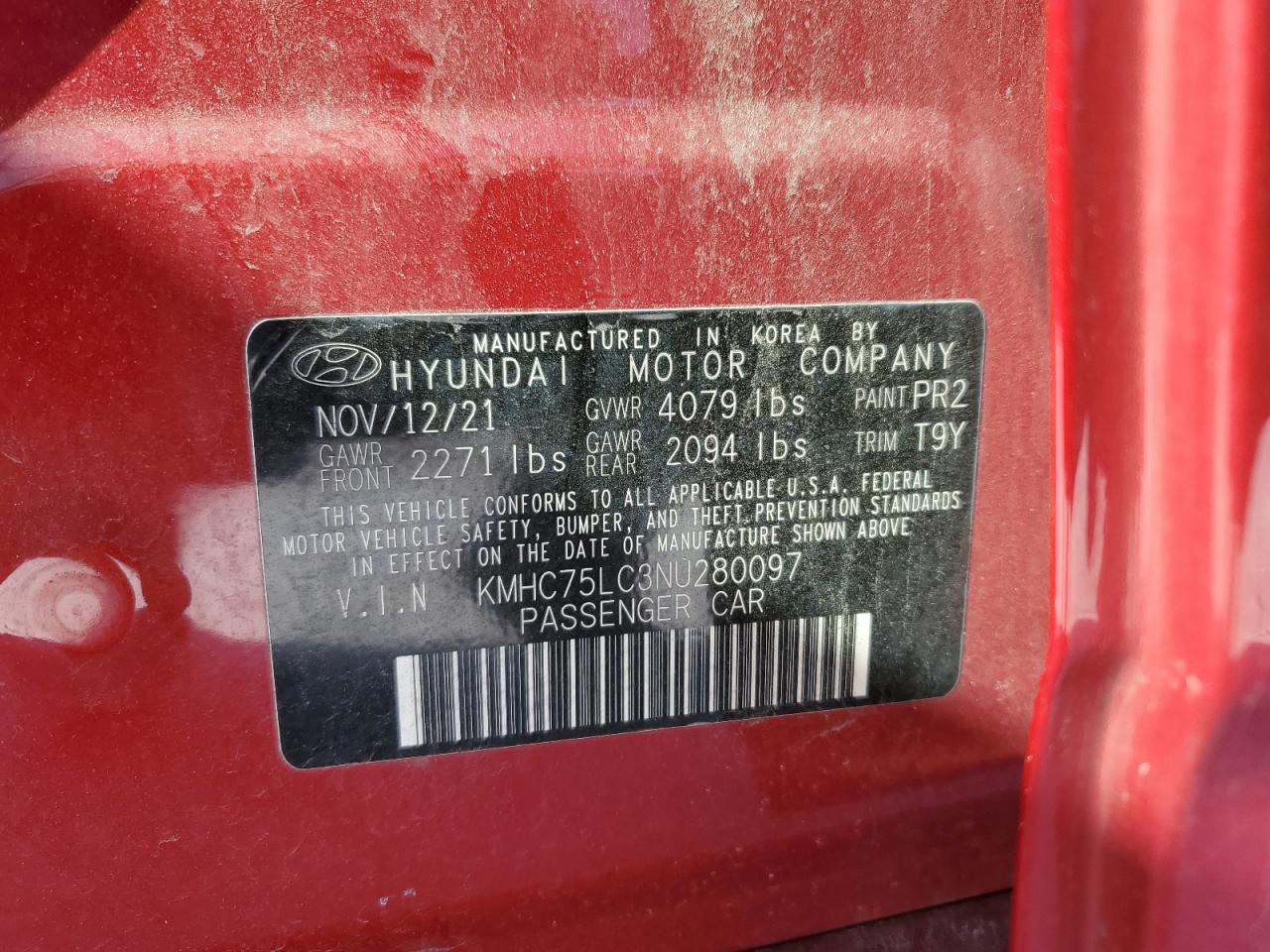 2022 HYUNDAI IONIQ SE VIN:KMHC75LC3NU280097