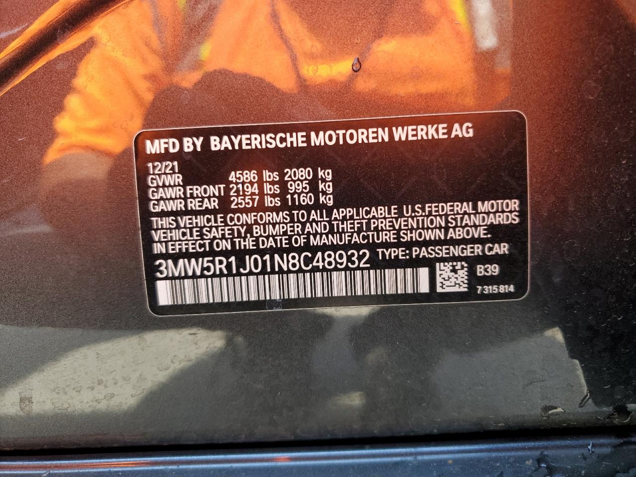 2022 BMW 330I VIN:3MW5R1J01N8C48932