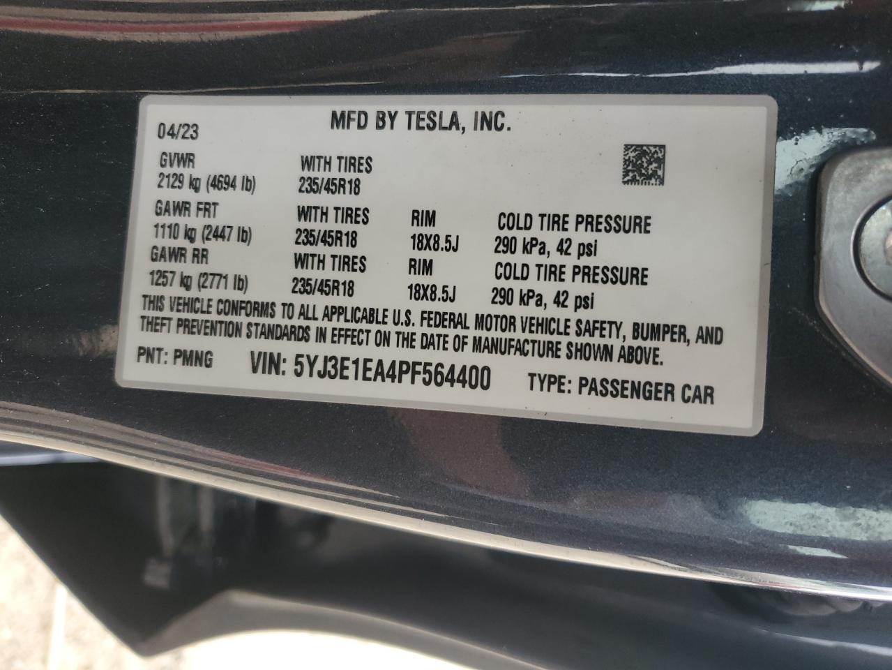 2023 TESLA MODEL 3 VIN:5YJ3E1EA4PF564400