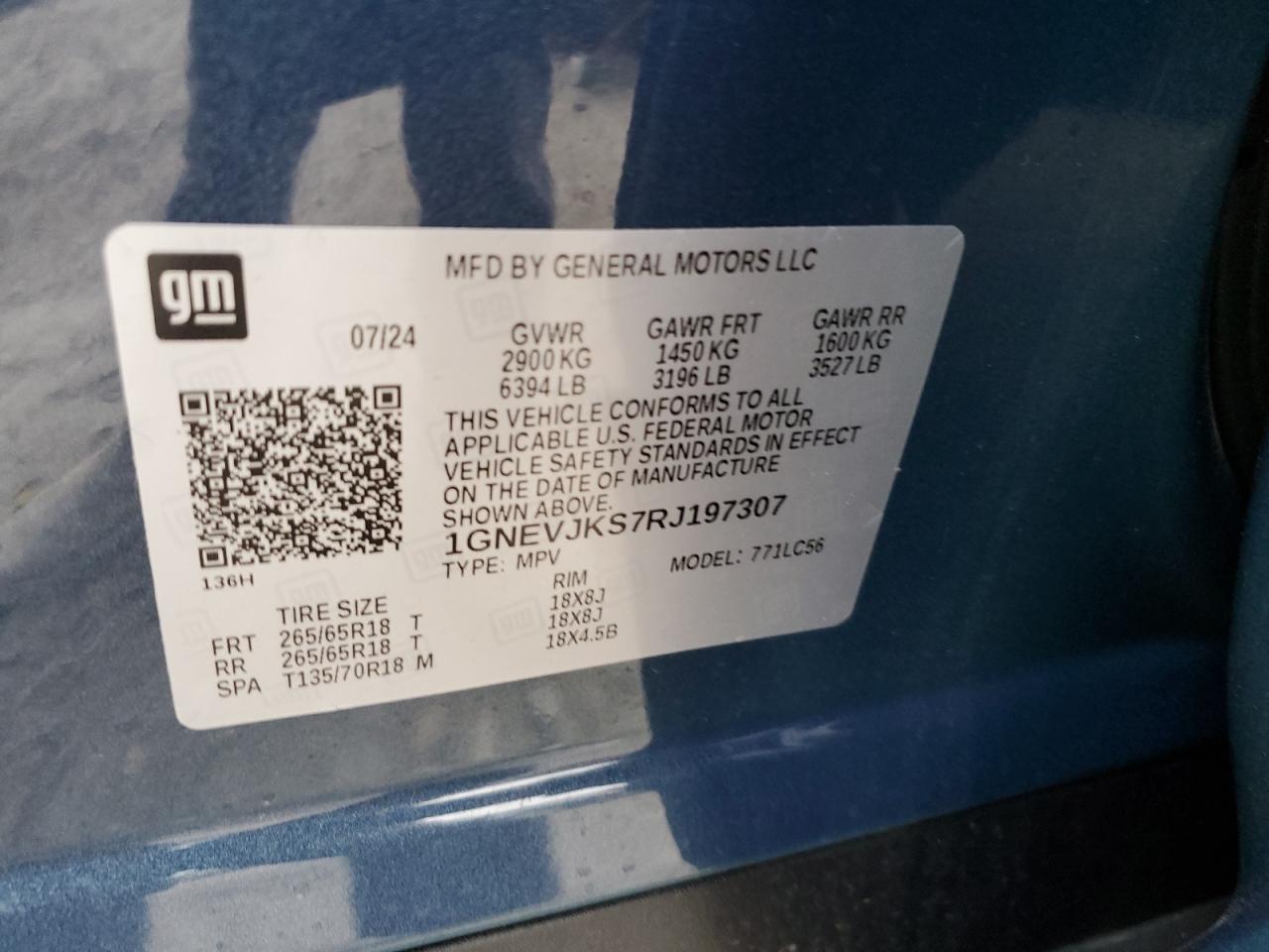 2024 CHEVROLET TRAVERSE LT Z71 VIN:1GNEVJKS7RJ197307