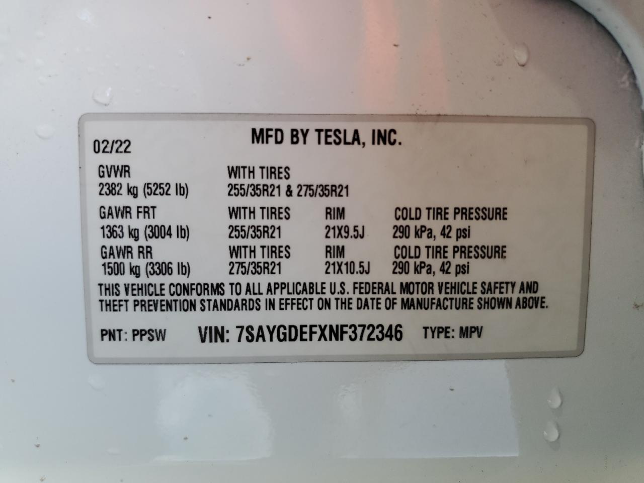 2022 TESLA MODEL Y VIN:7SAYGDEFXNF372346