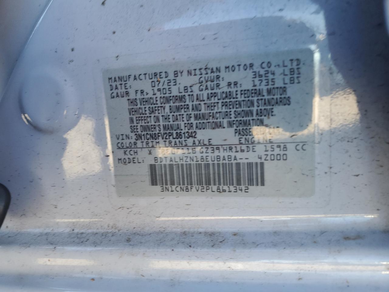 2023 NISSAN VERSA SR VIN:3N1CN8FV2PL861342