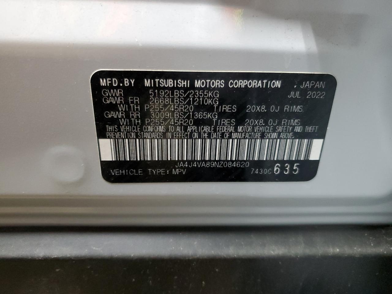 2022 MITSUBISHI OUTLANDER SEL VIN:JA4J4VA89NZ084620