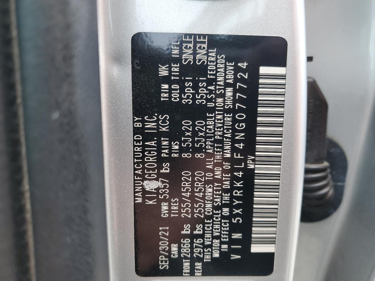 2022 KIA SORENTO SX VIN:5XYRK4LF4NG077724