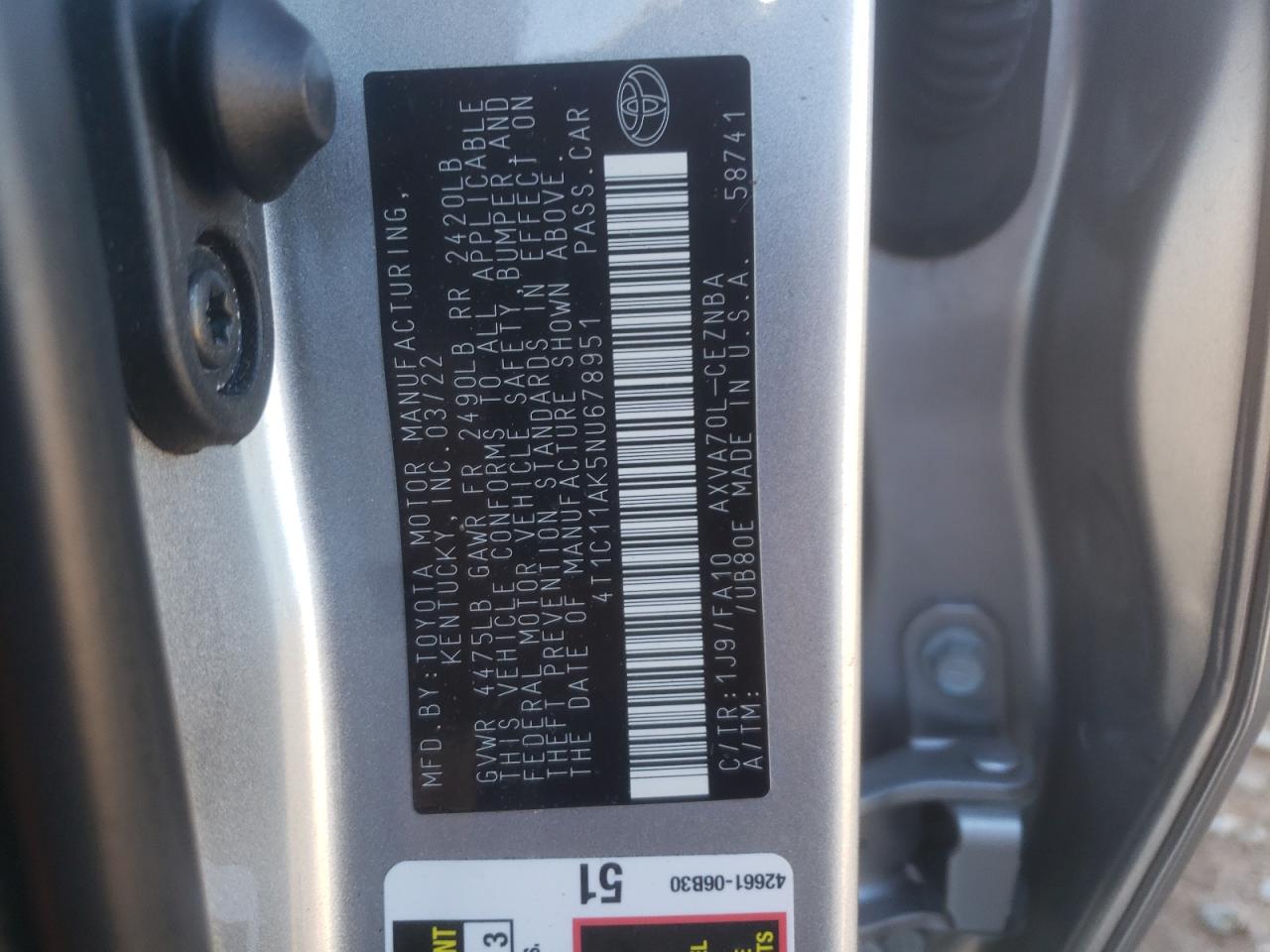 2022 TOYOTA CAMRY LE VIN:4T1C11AK5NU678951