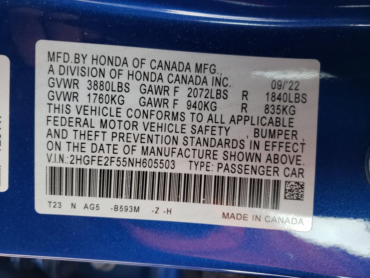 2022 HONDA CIVIC SPORT VIN:2HGFE2F55NH605503