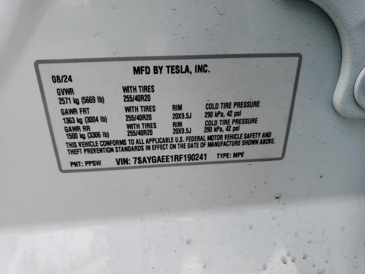2024 TESLA MODEL Y VIN:7SAYGAEE1RF190241