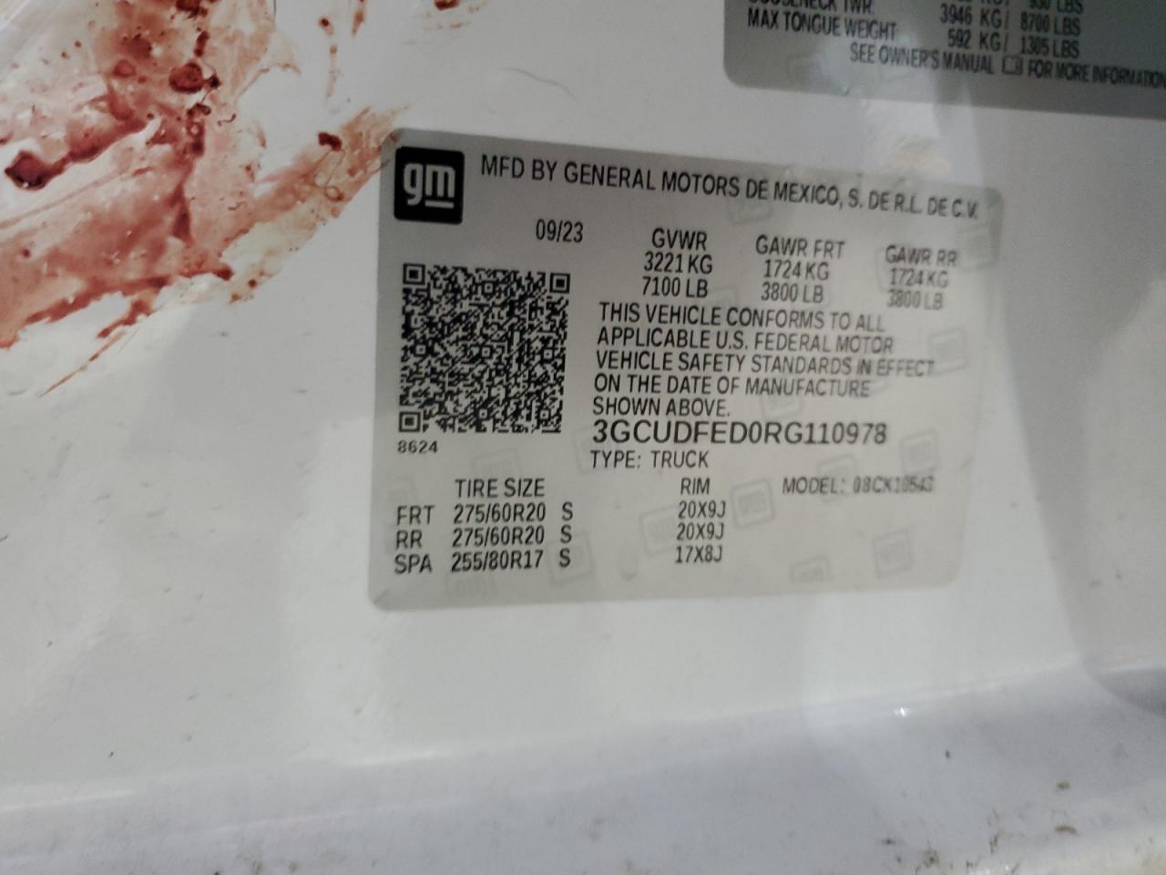 2024 CHEVROLET SILVERADO K1500 LT TRAIL BOSS VIN:3GCUDFED0RG110978