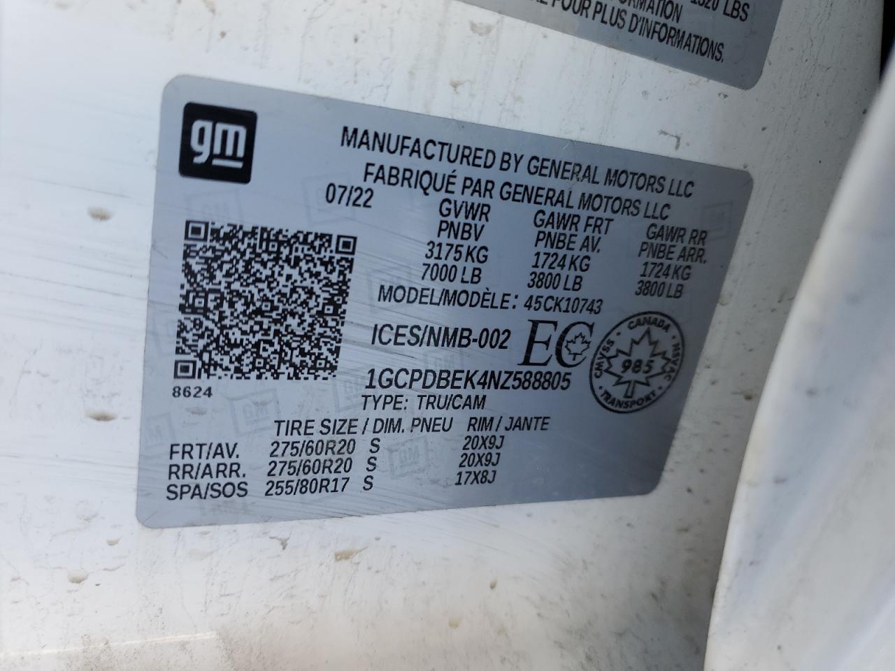 2022 CHEVROLET SILVERADO K1500 CUSTOM VIN:1GCPDBEK4NZ588805