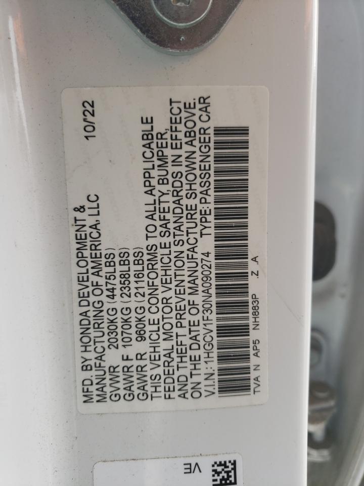 2022 HONDA ACCORD SPORT VIN:1HGCV1F30NA090274