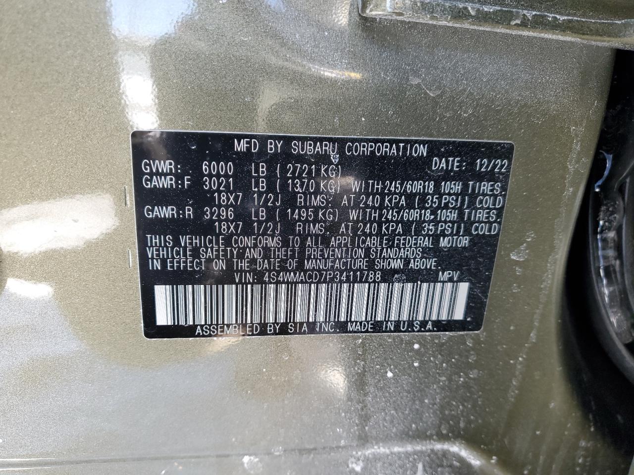 2023 SUBARU ASCENT PREMIUM VIN:4S4WMACD7P3411788