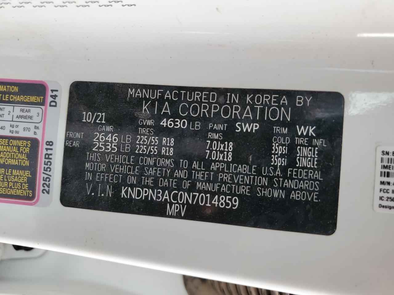 2022 KIA SPORTAGE EX VIN:KNDPN3AC0N7014859