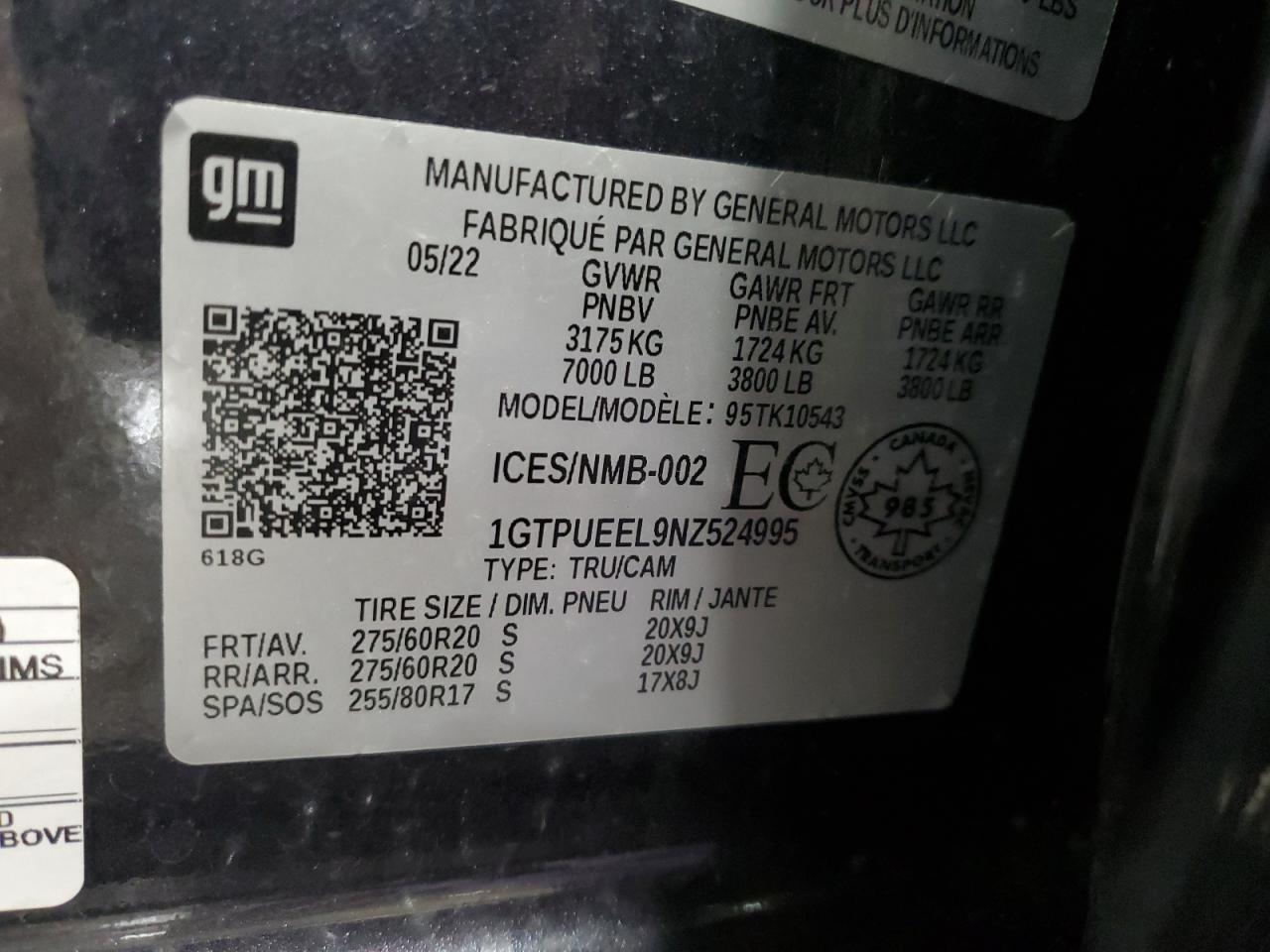 2022 GMC SIERRA K1500 AT4 VIN:1GTPUEEL9NZ524995