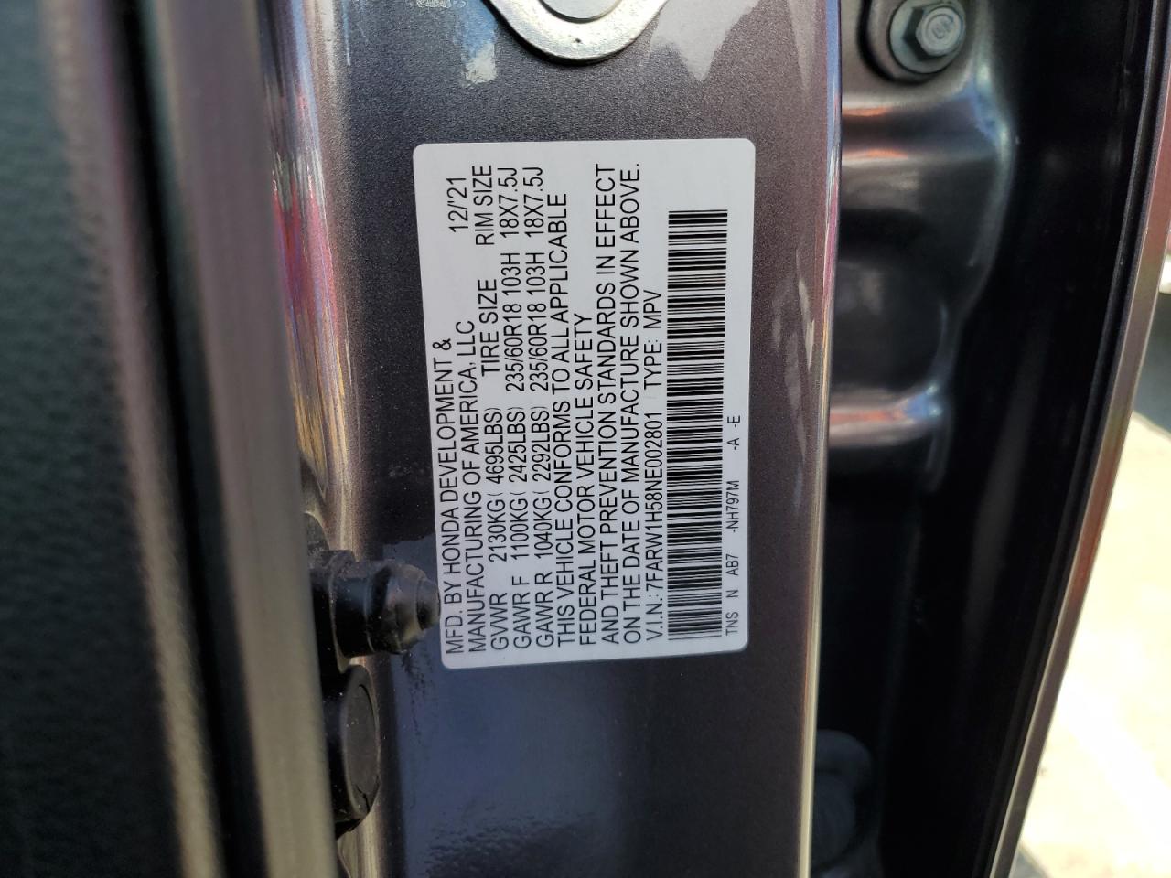 2022 HONDA CR-V EX VIN:7FARW1H58NE002801