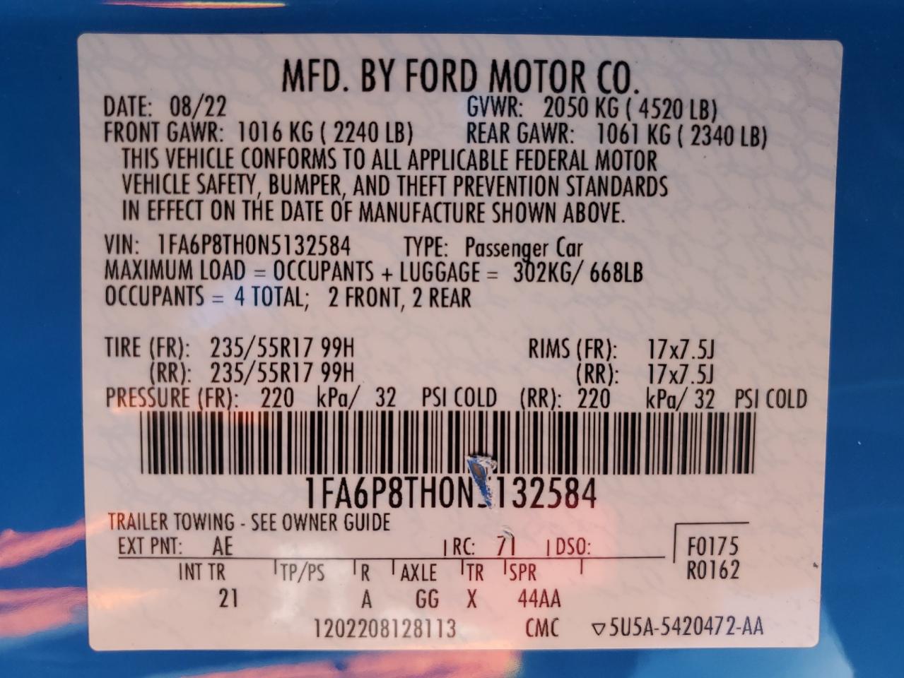 2022 FORD MUSTANG VIN:1FA6P8TH0N5132584