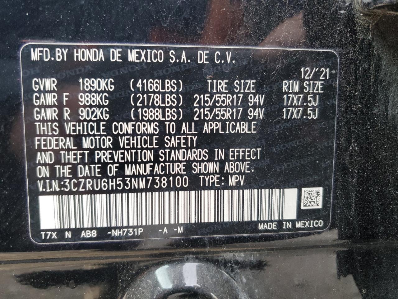 2022 HONDA HR-V EX VIN:3CZRU6H53NM738100