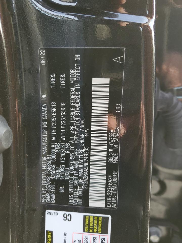 2022 LEXUS RX 350 BASE VIN:2T2AZMAA9NC249205