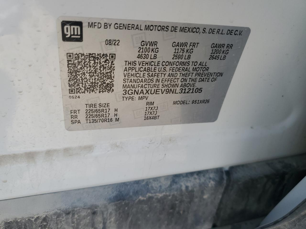 2022 CHEVROLET EQUINOX LT VIN:3GNAXUEV9NL312105