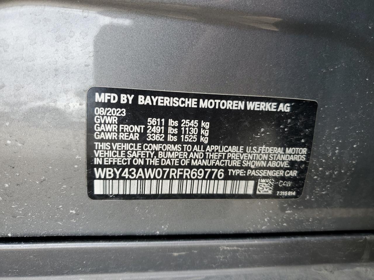 2024 BMW I4 EDRIVE 35 VIN:WBY43AW07RFR69776