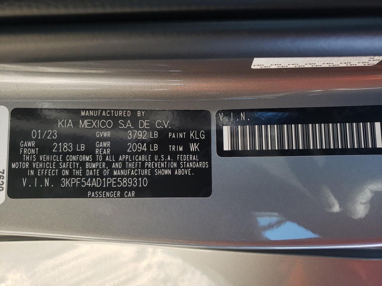 2023 KIA FORTE GT LINE VIN:3KPF54AD1PE589310