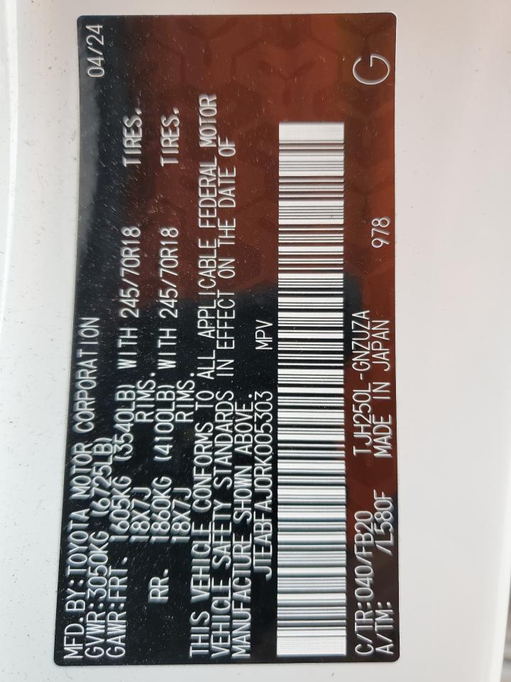 2024 TOYOTA LAND CRUISER BASE VIN:JTEABFAJ0RK005303