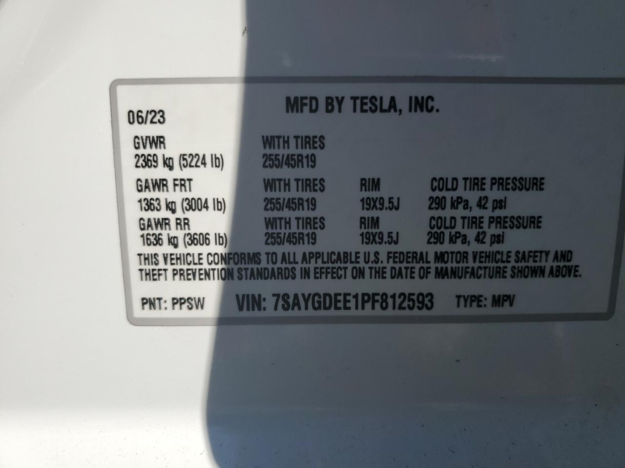 2023 TESLA MODEL Y VIN:7SAYGDEE1PF812593