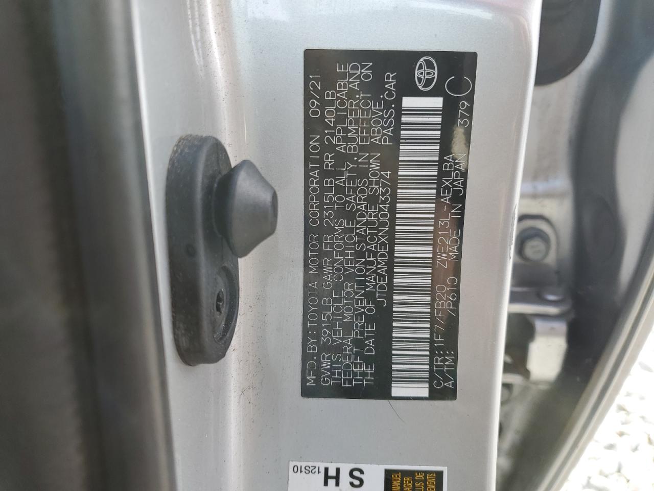 2022 TOYOTA COROLLA LE VIN:JTDEAMDEXNJ043374