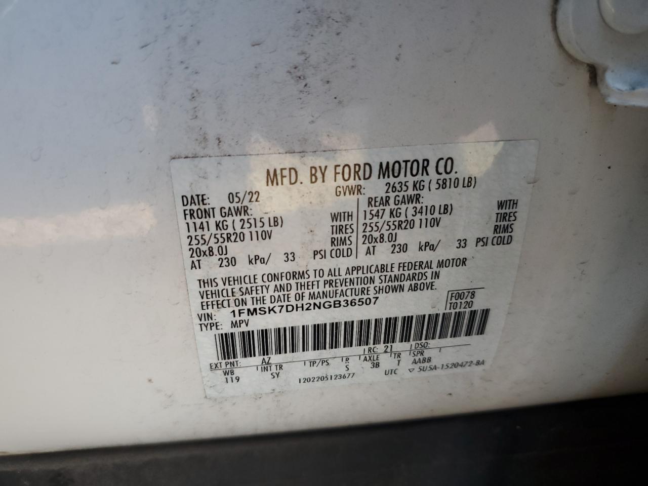 2022 FORD EXPLORER XLT VIN:1FMSK7DH2NGB36507