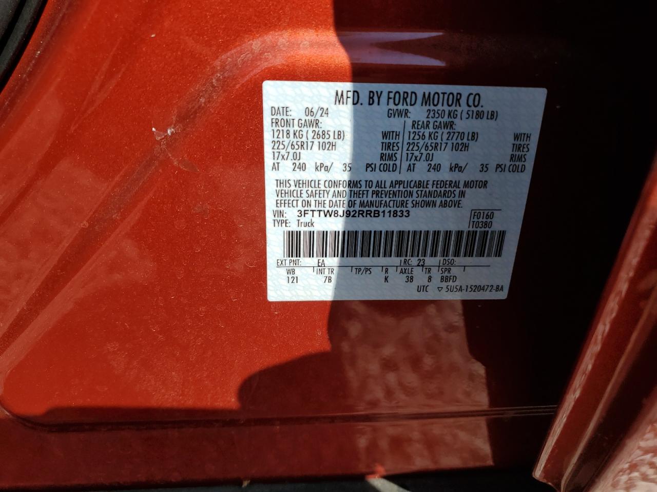 2024 FORD MAVERICK XLT VIN:3FTTW8J92RRB11833