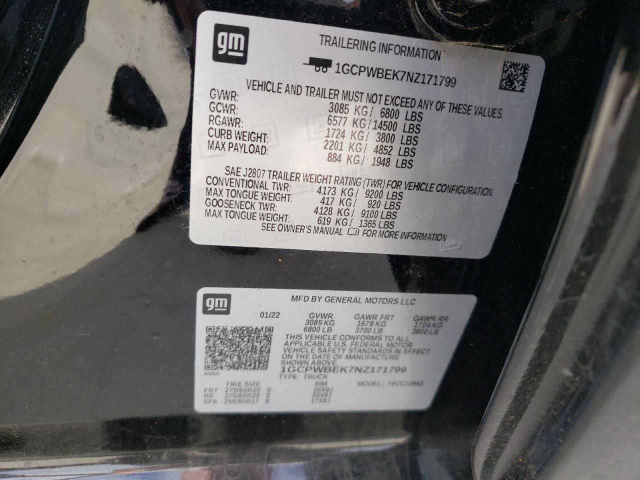 2022 CHEVROLET SILVERADO LTD C1500 CUSTOM VIN:1GCPWBEK7NZ171799