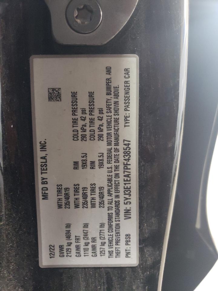 2023 TESLA MODEL 3 VIN:5YJ3E1EA7PF438547
