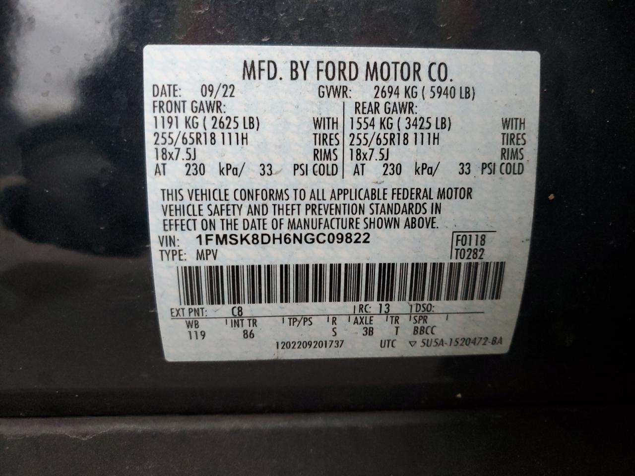 2022 FORD EXPLORER XLT VIN:1FMSK8DH6NGC09822