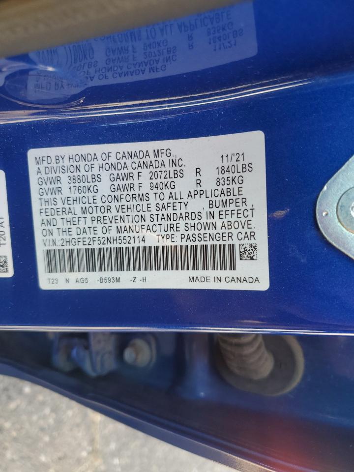 2022 HONDA CIVIC SPORT VIN:2HGFE2F52NH552114