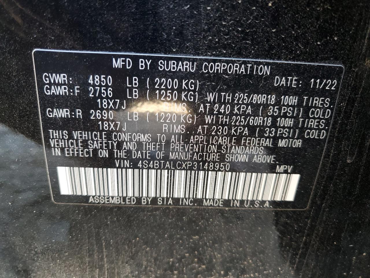 2023 SUBARU OUTBACK ONYX EDITION VIN:4S4BTALCXP3148950