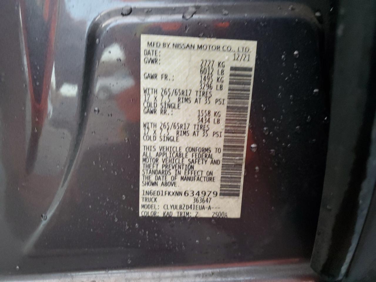 2022 NISSAN FRONTIER SV VIN:1N6ED1FKXNN634979