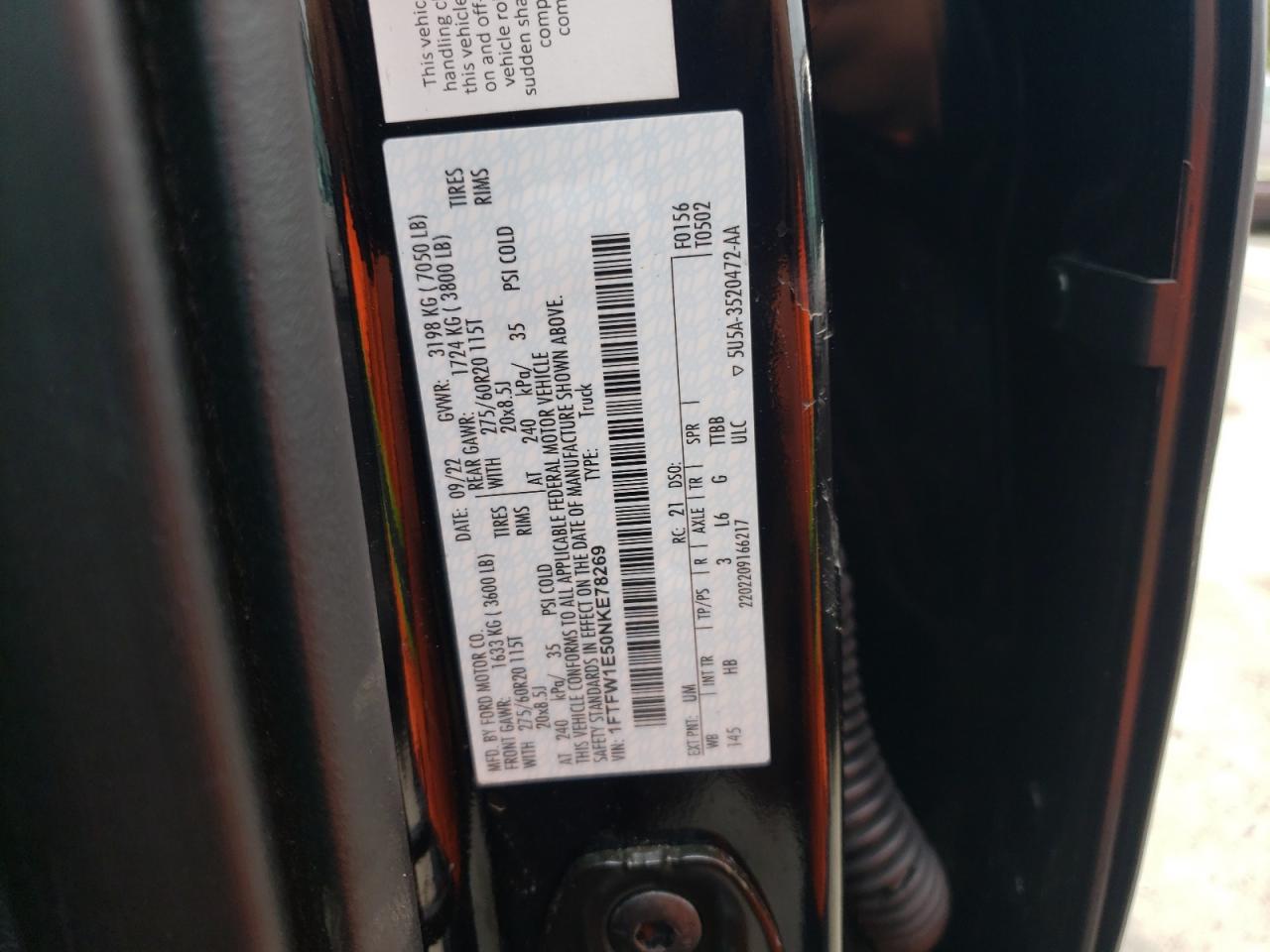 2022 FORD F150 SUPERCREW VIN:1FTFW1E50NKE78269