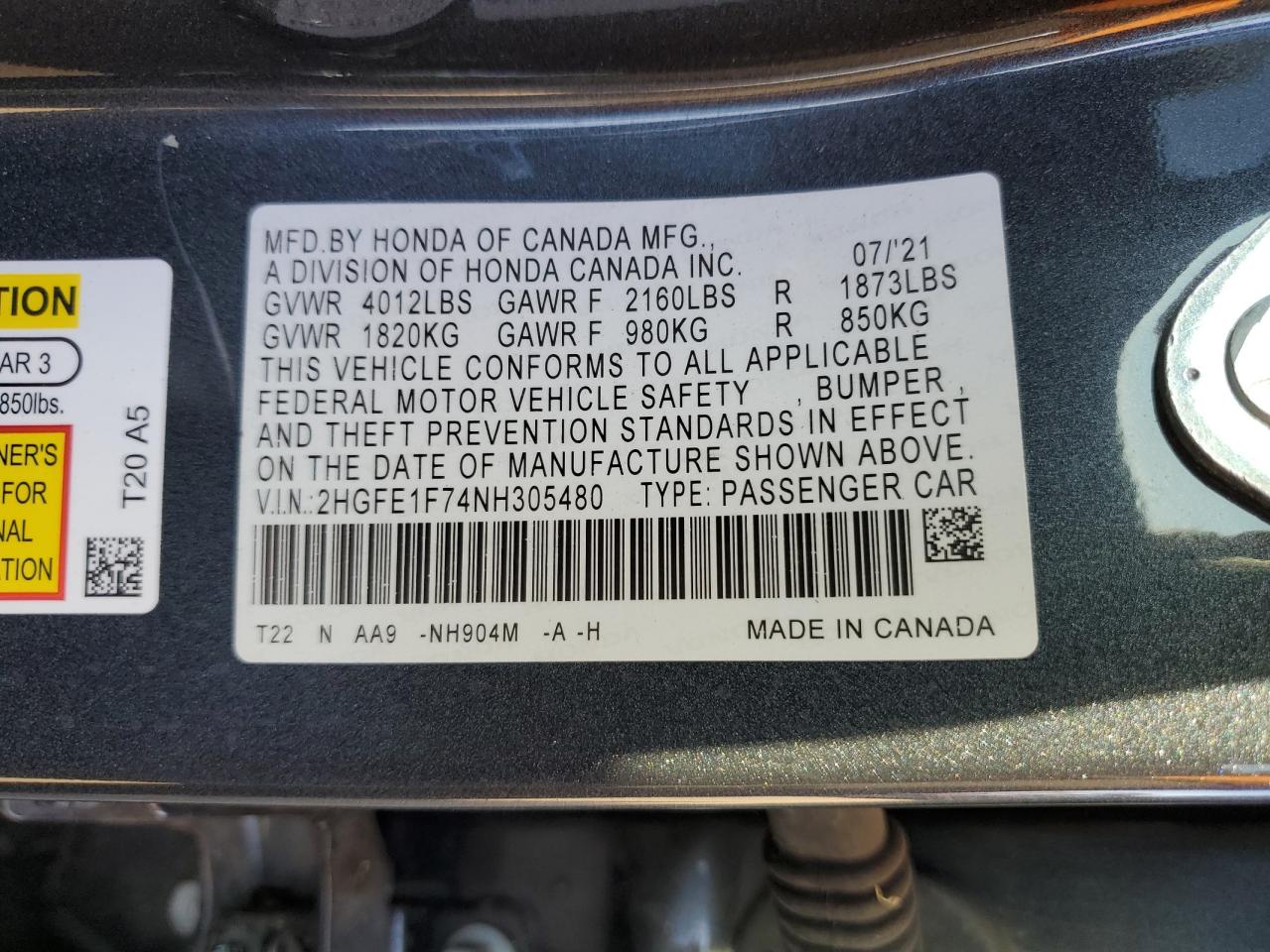 2022 HONDA CIVIC EX VIN:2HGFE1F74NH305480