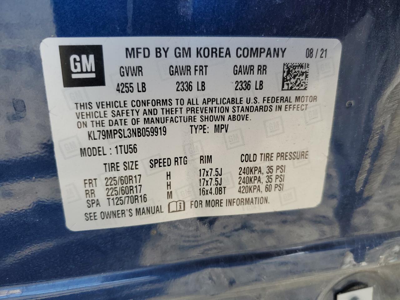 2022 CHEVROLET TRAILBLAZER LT VIN:KL79MPSL3NB059919