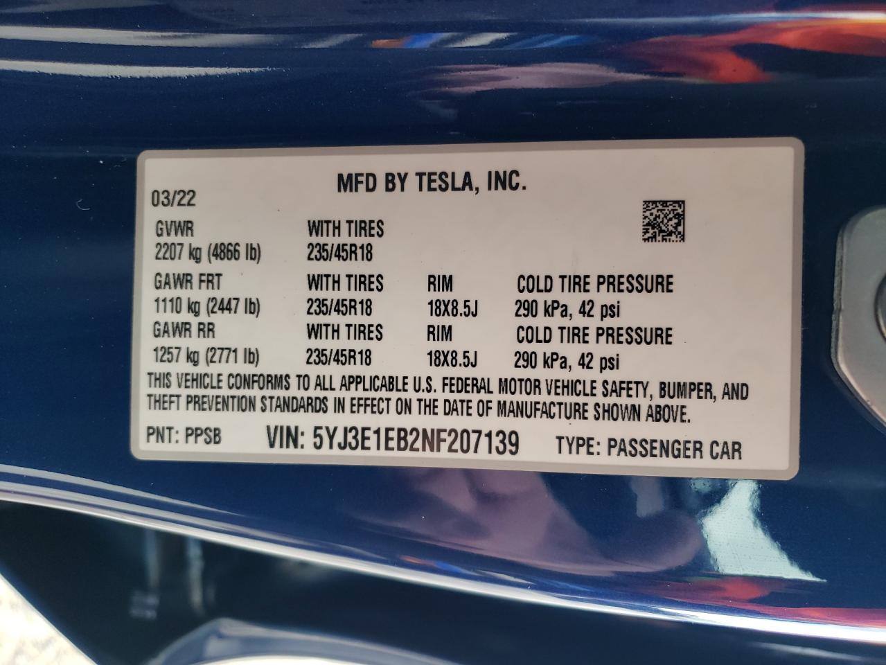 2022 TESLA MODEL 3 VIN:5YJ3E1EB2NF207139