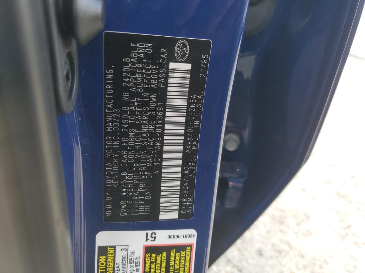 2023 TOYOTA CAMRY LE VIN:4T1C11AK8PU143681