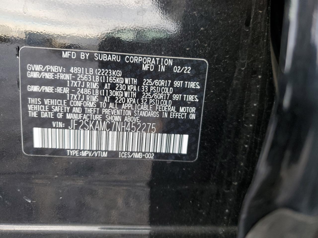 2022 SUBARU FORESTER WILDERNESS VIN:JF2SKAMC7NH452275