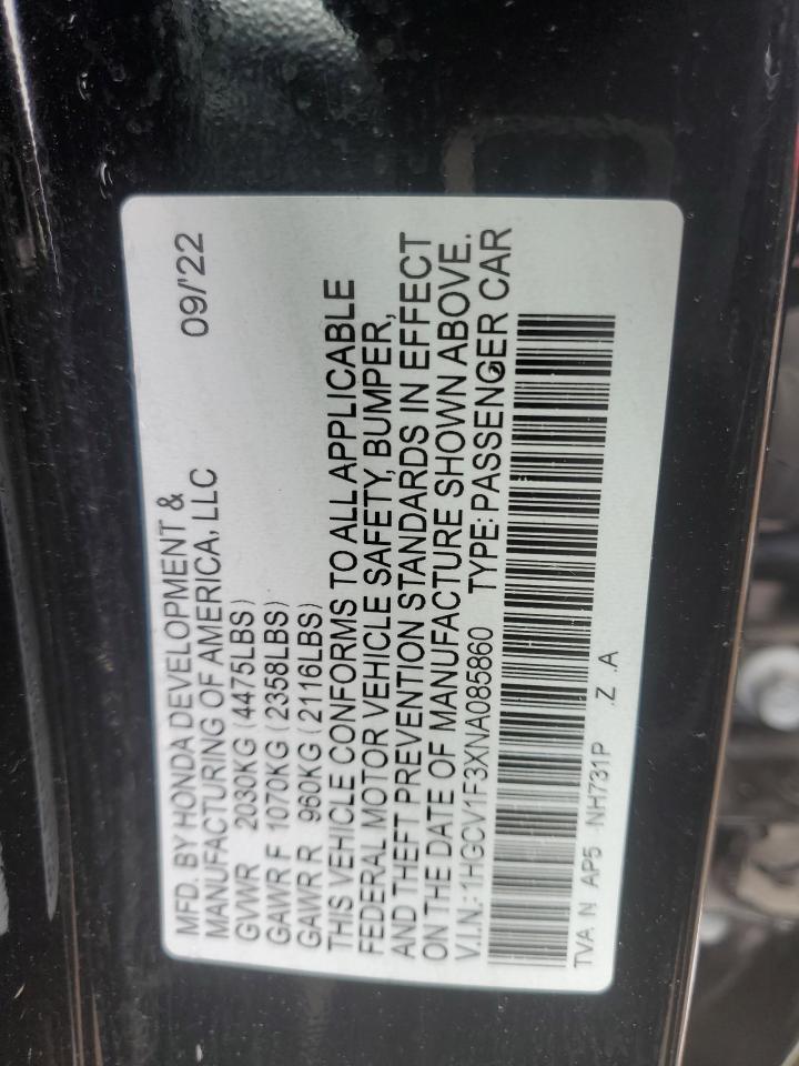 2022 HONDA ACCORD SPORT VIN:1HGCV1F3XNA085860