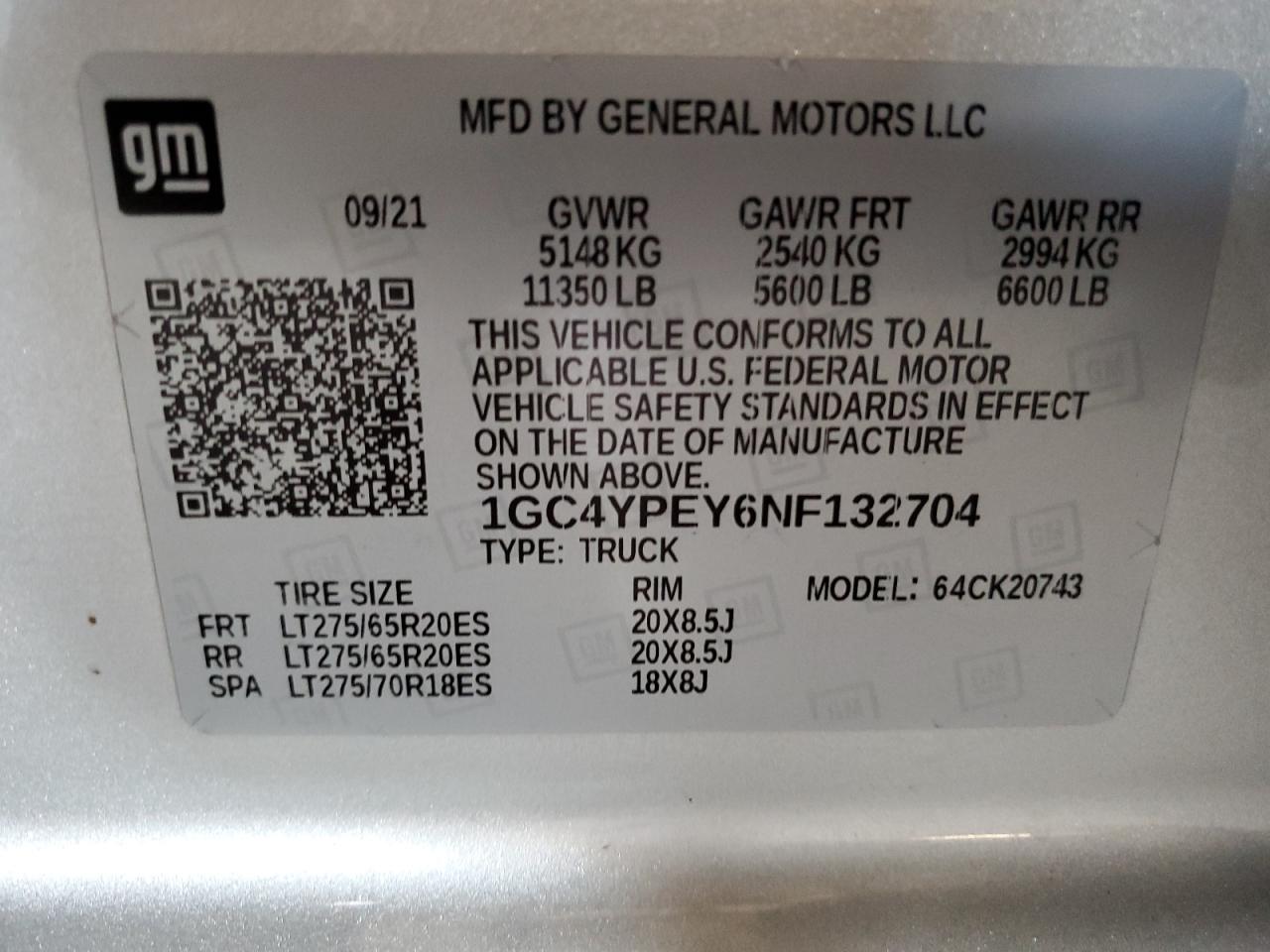 2022 CHEVROLET SILVERADO K2500 HEAVY DUTY LTZ VIN:1GC4YPEY6NF132704