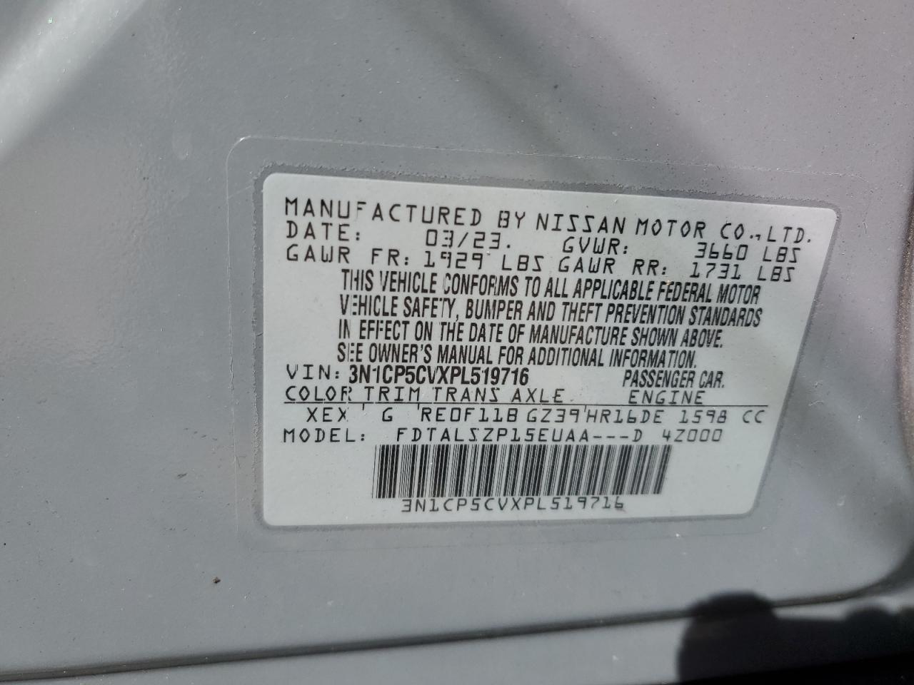 2023 NISSAN KICKS SV VIN:3N1CP5CVXPL519716