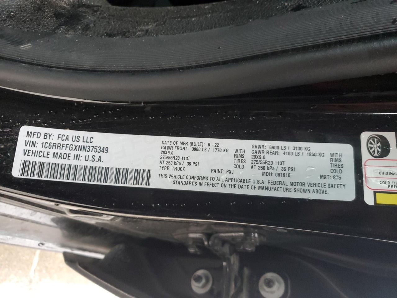 2022 RAM 1500 BIG HORN/LONE STAR VIN:1C6RRFFGXNN375349