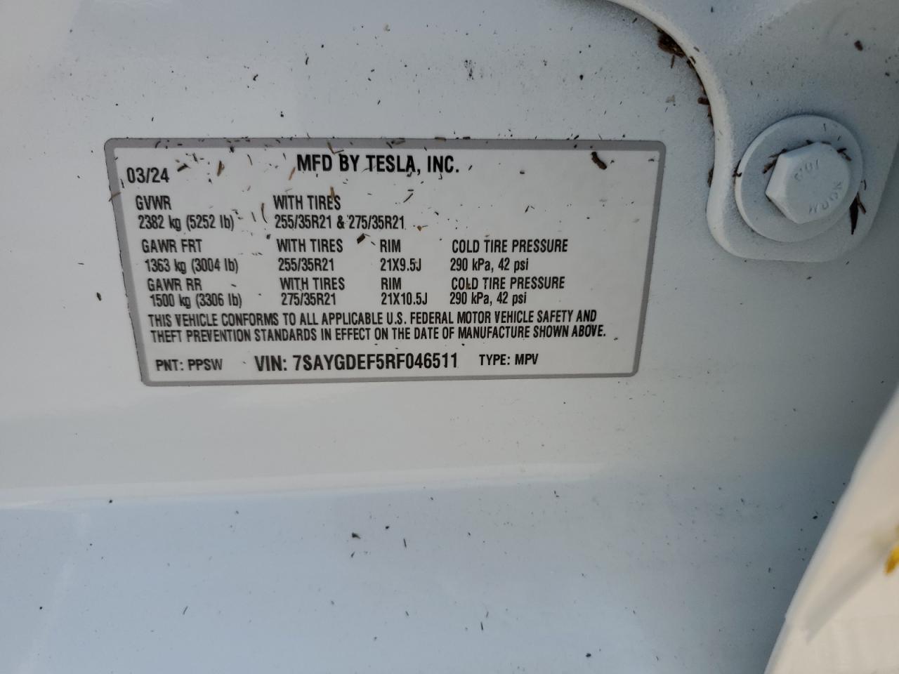 2024 TESLA MODEL Y VIN:7SAYGDEF5RF046511