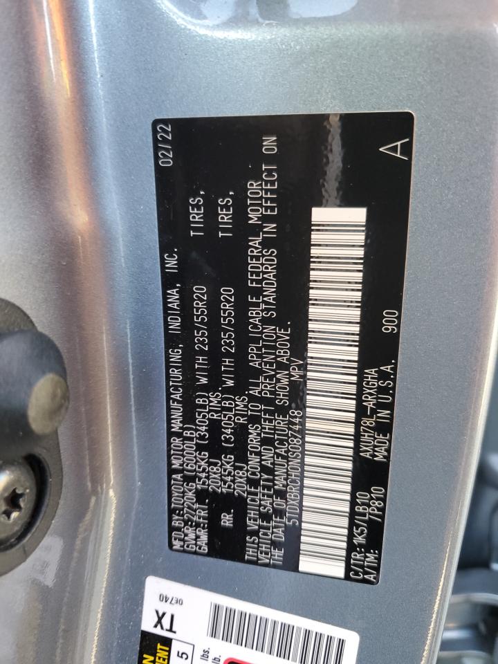 2022 TOYOTA HIGHLANDER HYBRID LIMITED VIN:5TDXBRCH0NS087448