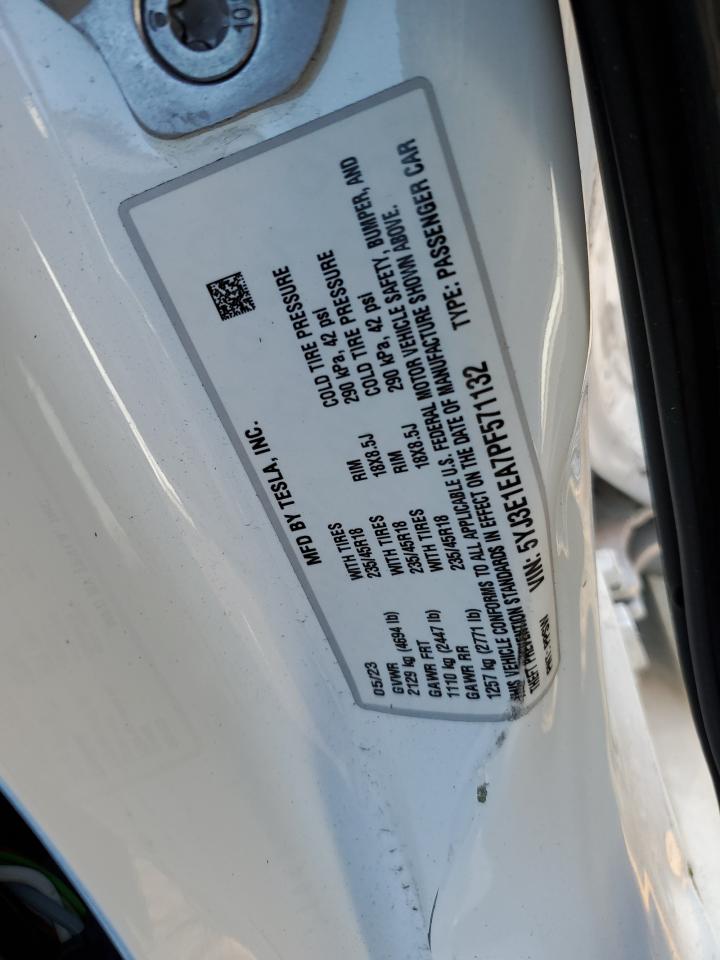 2023 TESLA MODEL 3 VIN:5YJ3E1EA7PF571132