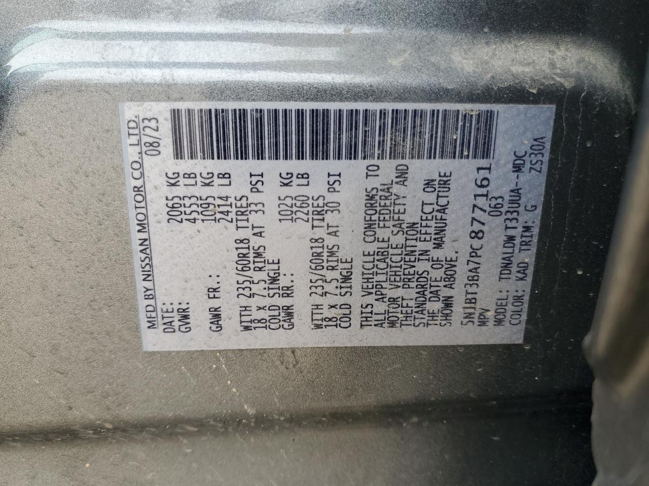 2023 NISSAN ROGUE SV VIN:5N1BT3BA7PC877161